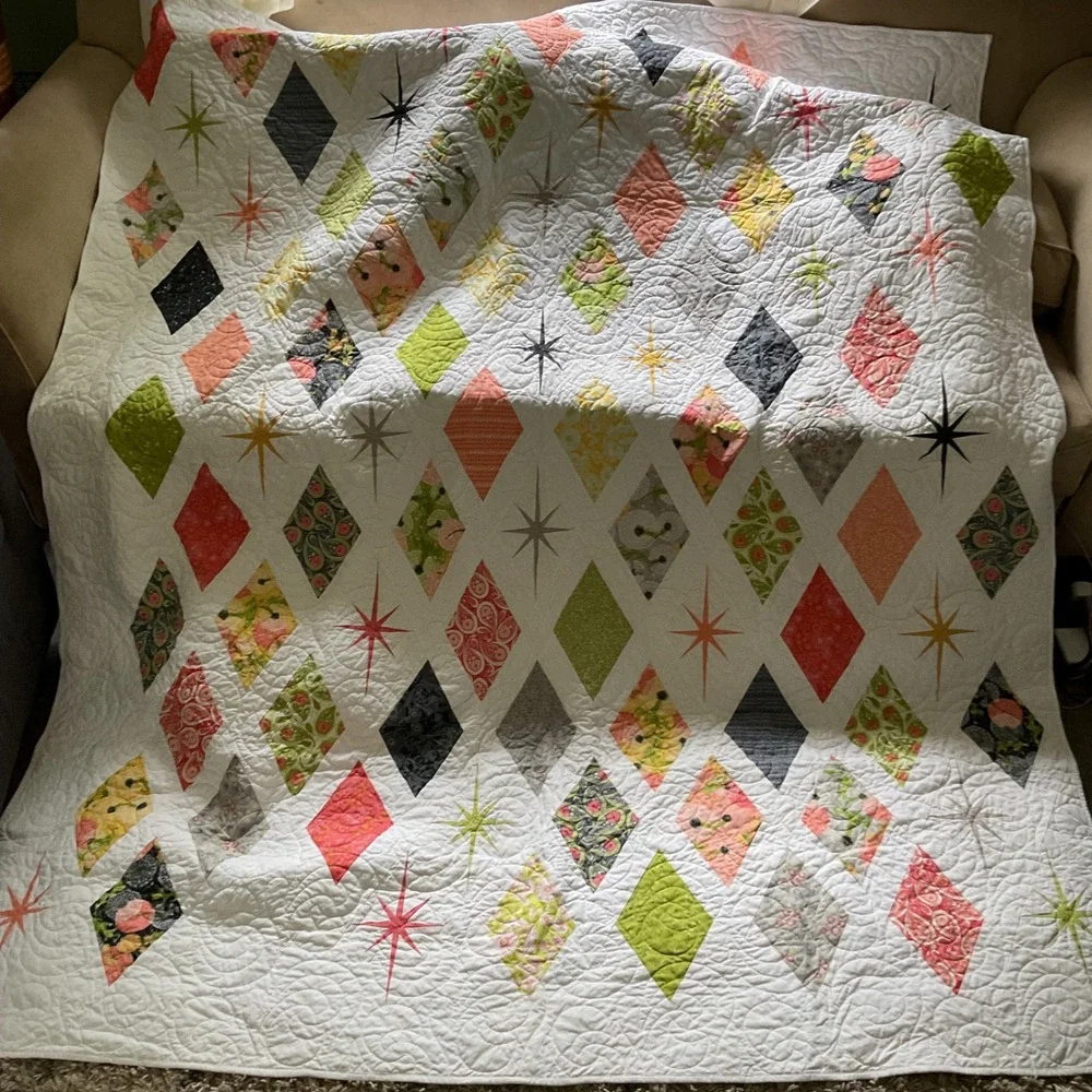Handmade Mid Century Modern Atomic Starburst Diamond Quilt White Multi Color